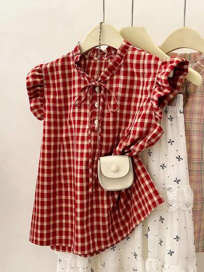 Resyla 2026 New Arrival Women's Y2K Vintage Red Gingham Plaid Ruffle Trim Sleeveless Tie-Neck Blouse Casual Cute Preppy Style Summer Top