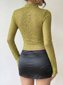 Aloruh 女士纯色长袖蕾丝镂空喇叭袖白色衬衫，秋冬款 - 軍綠色 - 查看 2