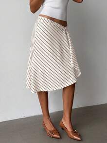 Aloruh Saia feminina elegante e moderna com listras amarelas, cintura superbaixa, modelagem assimétrica, comprimento até o joelho, em sarja listrada, ideal para férias e uso diário. - Caqui - Ver 6