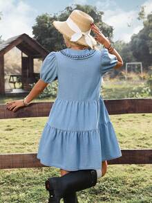 Breezaya 女士夏季休闲水洗牛仔连衣裙，带刺绣和泡泡袖 - 藍色 - 查看 2