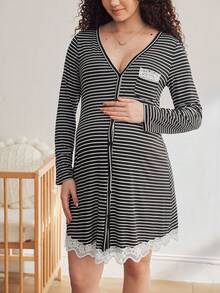 Pregnant Women Striped V-Neck Long Sleeve Contrast Lace Nightgown - Multicolor - View 4