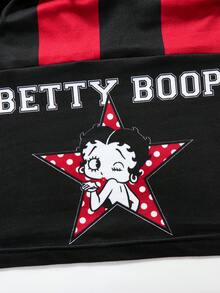 Betty Boop x SHEIN 女士条纹卡通图案修身T恤 - 紅色和黑色 - 查看 4