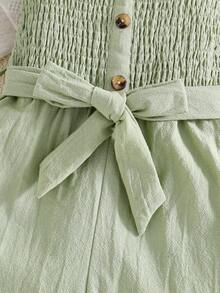 SHEIN Spring/Summer New Girls Young Casual Vacation Pure Cotton Cute Ruffled Strap Cinching Waist Bow Button Jumpsuit - Olive Green - View 5