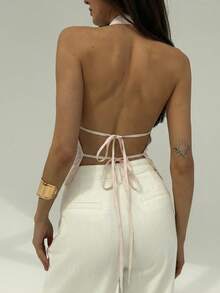 Aloruh Áo kiểu thời trang gợi cảm dành cho nữ, cổ yếm xẻ sâu, buộc dây sau lưng, họa tiết sọc. - Màu be - Xem 2