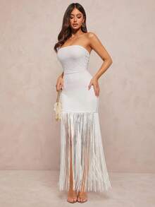 Radiana 女士性感优雅浪漫白色超长流苏修身连衣裙，长款连衣裙，无肩带连衣裙，白色连衣裙，派对礼服，宴会礼服，情人节约会礼服，适合夜晚、约会、聚会、派对、宴会、晚宴、鸡尾酒会、舞会、音乐会、生日、婚礼、俱乐部、节日、正式场合、度假、海滩、假日服装、婚礼宾客礼服、伴娘礼服 - 白色 - 查看 4