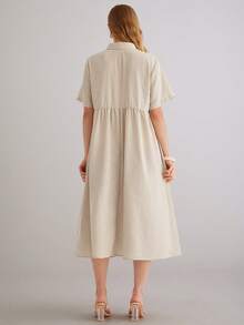 Parysyn 大码休闲女式褶皱短袖夏季长裙 - 杏色 - 查看 3