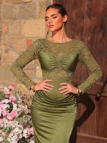 Glamrae Elegant Luxurious Stretchy Lace Patchwork Knit Dress,Ruched Open Back Bodycon Mermaid Evening Dress For Wedding,Party,Gala,Valentine's Day - Army Green - View 2