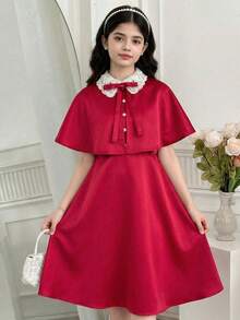 SHEIN Elegant Satin Collar Flower Decor Cloak Shawl With Metal Buckle, Suitable For Formal Occasions, Parties, Banquets - Teen Girls,Kids - Red and White - View 4