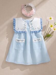 Souflis Souflis 女婴夏季新款可爱彼得潘领蝴蝶结刺绣花边口袋前开襟公主裙，甜美休闲时尚 - 藍色 - 查看 3