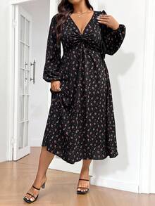 SHEIN Frenchy Đầm tay phồng họa tiết hoa dáng rộng, cỡ lớn, thích hợp cho mùa xuân và thu, đầm nữ mùa thu, thanh lịch. - Nhiều màu - Xem 3