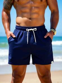 Zalmeno Pantalones cortos de playa con cintura con cordón, estampado geométrico de doble capa para hombre - Azul Marino - Ver 4