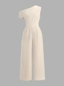 SHEIN 杏色休闲通勤优雅不对称领连体裤，适合青少年女孩 - 杏色 - 查看 2