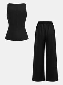 Firerie Kids Tween Girls Black Waist Cinched 2 Pieces Set: Shirt Camisole & Relaxed Fit Pants, Casual Daily Commute Versatile Fashion Outfit For Sisters Photo Shoot - Black - View 2
