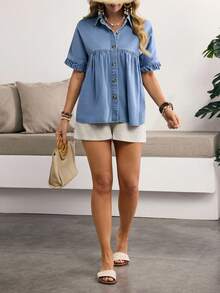 Breezaya Camisa vaquera casual de mujer de manga corta con un solo pecho y pliegues - Azul - Ver 5
