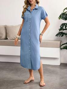Breezaya Women's Denim Extra Long High Slit Dress - Blue - View 3