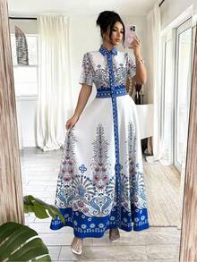 Elenzga Women's Elegant Casual Symmetrical Dragon & Phoenix Print Blue Waist Flare Dress, Suitable For Autumn/Winter Party, New Year, Christmas, Valentine's Day, Halloween Casual Wear - Blue - View 1