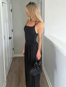 Sydney Algeri Mono recto suelto y plisado informal para mujer, con tirantes ajustables, apto para primavera/verano - Negro - Ver 4