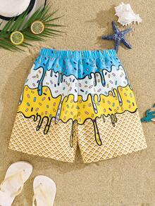 SHEIN 青少年男童休闲百搭舒适椰树印花拼接宽松内衬泳裤沙滩裤 - 粉色 - 查看 3