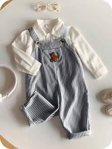 SHEIN Bộ áo liền quần yếm cho bé trai kiểu dáng thường ngày, dễ thương, đa năng, họa tiết sọc hoạt hình hình gấu. - Đen và trắng - Xem 5