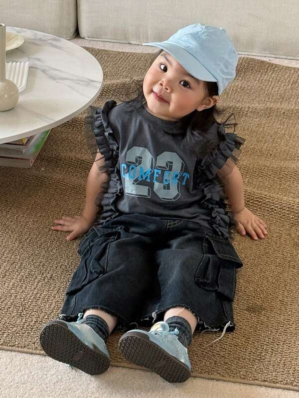 DAZY 女童圆领英文字母印花短袖荷叶边拼接夏季上衣