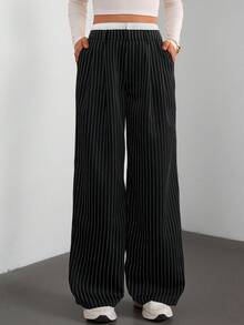 SHEIN Tall Ladies' Casual Striped Wide-Leg Colorblock High Waist Suit Pants, Suitable For Spring/Summer - Black and White - View 3