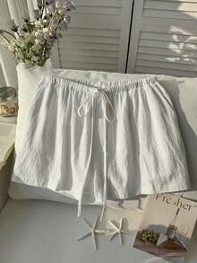 Comfortcana Plus Size Casual Loose Drawstring Solid Color Shorts, Spring/Summer Cotton Shorts Comfortable Shorts Drawstring Shorts - White - View 6