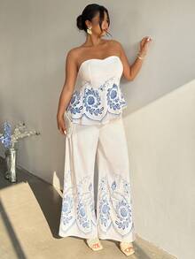 Firerie 大码复古抹胸上衣和宽松长裤两件套，休闲百搭，夏季必备 - 藍白色 - 查看 1