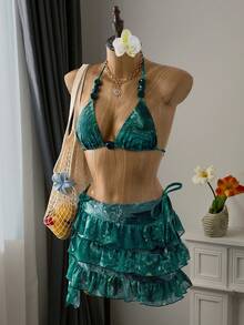 Bellisia Summer Women 3-Piece Set Marble Print Beaded Accessories Halter Halter Triangle Top, Tie Side Bikini Bottoms, Layered Cake Skirt Swimwear Set - Multicolor - View 4