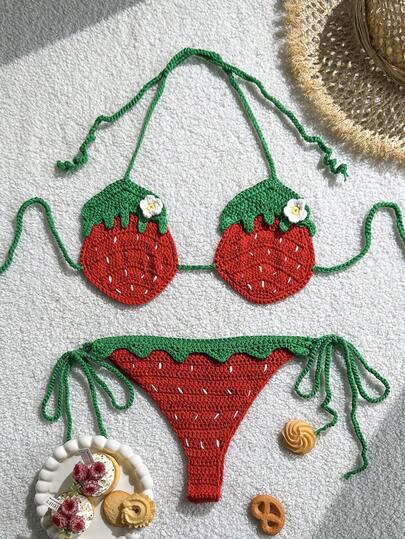 Swim Mod 2件套纯色钩针草莓图案露背三角比基尼及沙滩罩衫套装，春夏款