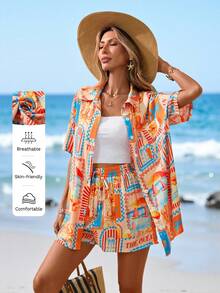 Sylviya مجموعة قميص وشورت مطبوعة كاجوال للنساء 2 قطعة، مجموعة صيفية للنساء للعطلات والشاطئ، ملابس عطلة صيفية للنساء، ملابس عطلة شاطئية للنساء، مجموعات متطابقة للعطلات الاستوائية، ملابس سفر للنساء، عطلة - متعدد الألوان - مشاهدة 4