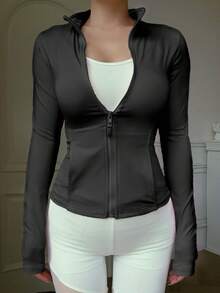 DAZY Women's Outdoor High Collar Fitted Zip-Up Cotton Jacket - Black - View 3