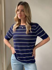 Livesso Women's Striped Hollow-Out Short Sleeve Knit Top - Navy Blue - View 2