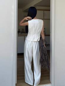 Strévra Women's Sleeveless V-Neck Top And Casual Pants 2 Pieces Set - White - View 2