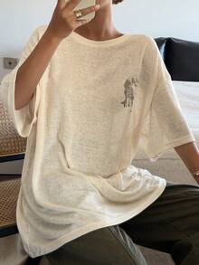 DAZY Women's Summer Round Neck Short Sleeve Sheer Printed Loose Casual Street T-Shirt Graphic Tees Women - Apricot - View 5