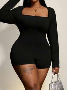 Slaydiva 春夏新款女装，秋冬女装，新款音乐节万圣节服装，女士生日礼服，日常穿着，百搭单品，休闲装，度假装，邮轮旅行装，海滩装，日光浴装，爆款，简约百搭长袖连体衣 - 黑色 - 查看 10