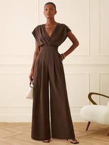 Lilora 女士优雅V领褶皱阔腿连体裤 - 摩卡棕 - 查看 4