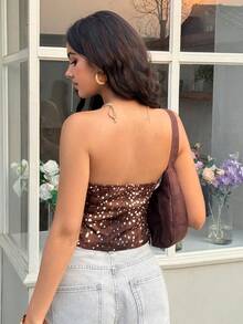 Aidyla 女士梭织数码印花抽绳系带吊带背心，休闲通勤装，春夏款 - 棕色 - 查看 2