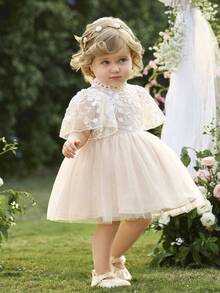 Cute Baby Girls Flared Long Dress With Puff Sleeves And Stand Collar Elegant Apricot Baby Dress - Apricot - View 4