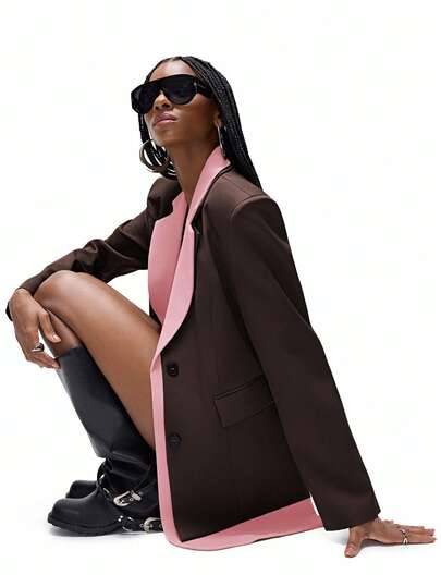 Aveloria Affinna Blazer de manga larga casual y holgado de diseño minimalista con cuello de contraste en color caqui verde, dobladillo asimétrico único y un solo botón