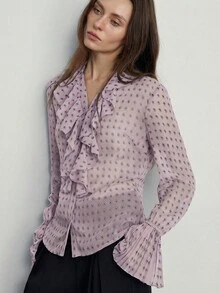 Aveloria Modichic Elegant Oversized Paisley & Cashew Flower Print Chiffon Layered Ruffle Collar Front Button Blouse, Vintage Style For Women - Purple - View 3