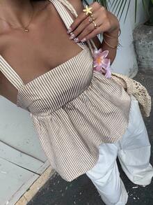 Aloruh Women's Vacation Casual Striped Backless Tie Strap Camisole - Khaki - View 1