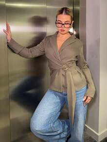 Bethéva Women's Metal Decoration Brown Gray Imitation Linen Waist Suit Jacket/Fall Women Clothes/Fall Outfits Women /Fall Outfits/Back To School/Homecoming/Business Casual Woman /Old Money Style Women/Office Outfits For Women/Going Out Outfits,Fall Clothes For Women - Mocha Brown - View 5