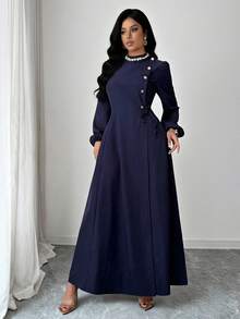 Rafferiza Women's Casual Ruched Unique Button Tie-Up Flared Dress, Navy Blue,Turkish Abaya, Arab Long Robe Fall Cloth For Women - Navy Blue - View 6