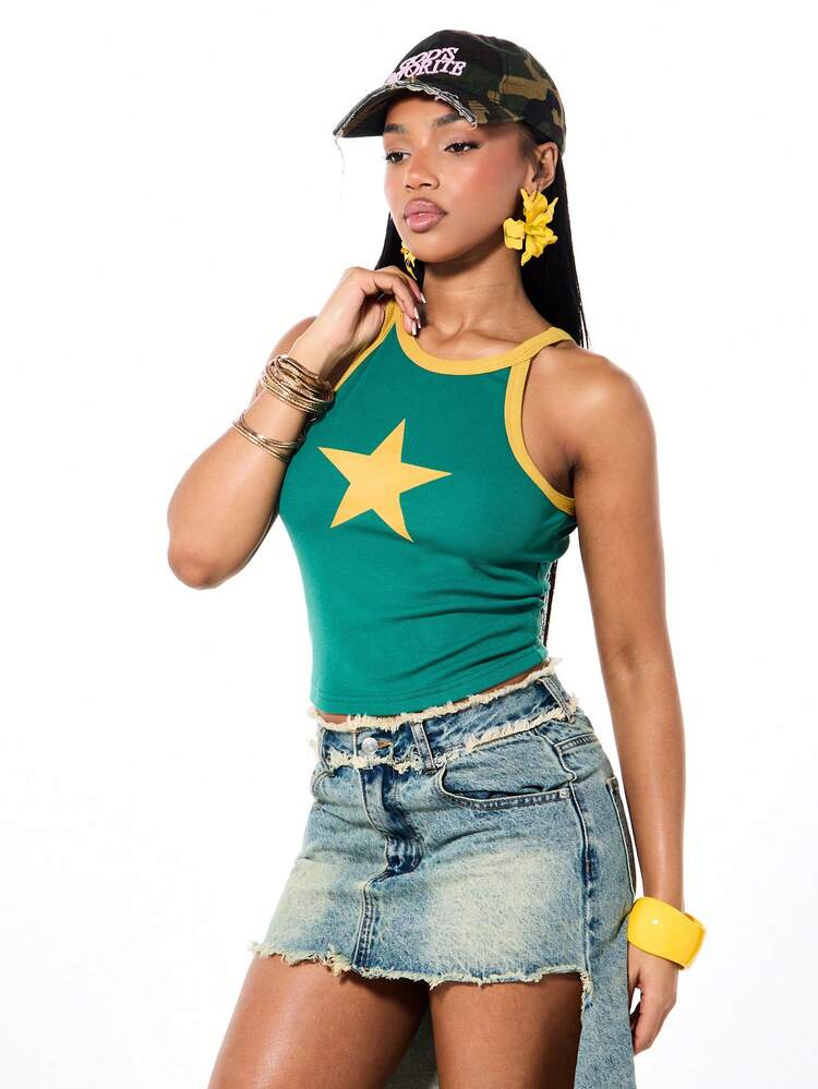 SUMWON Star Graphic Tank Top With Contrast Trim Sleeveless Summer Casual Racerback Design Fitted Crew Neck Women