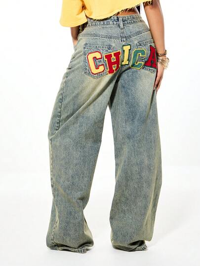 SUMWON WOMEN Wide Leg Vintage Wash High Rise Denim Jeans With Colorful Applique Letter Detailing For Casual Streetwear Fall Winter Fashion