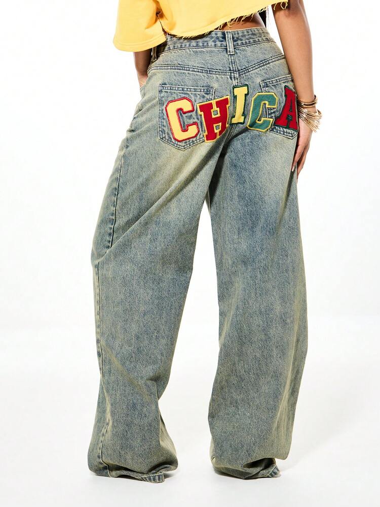SUMWON Wide Leg Vintage Wash High Rise Denim Jeans With Colorful Applique Letter Detailing For Casual Streetwear Fall Winter Fashion