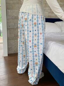 Dazy Plus Cartoon Floral Print Elastic Waist Loose Straight Leg Pajama Bottoms - Blue - View 2
