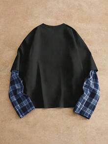 HIMLAND Camiseta de manga larga con estampado a cuadros casual y urbana para hombres - Negro - Ver 2