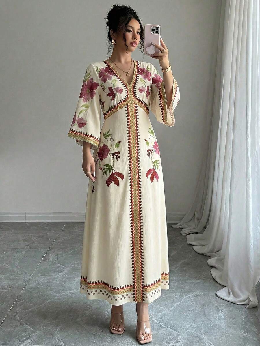 Yasmyna 女士印花V领喇叭袖优雅连衣裙，度假款 - 紅色 - 查看 1