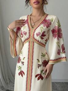 Yasmyna 女士印花V领喇叭袖优雅连衣裙，度假款 - 紅色 - 查看 6